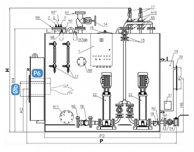 Desenho de uma caldeira a vapor a gás com uma designação das dimensões de encaixe do queimador