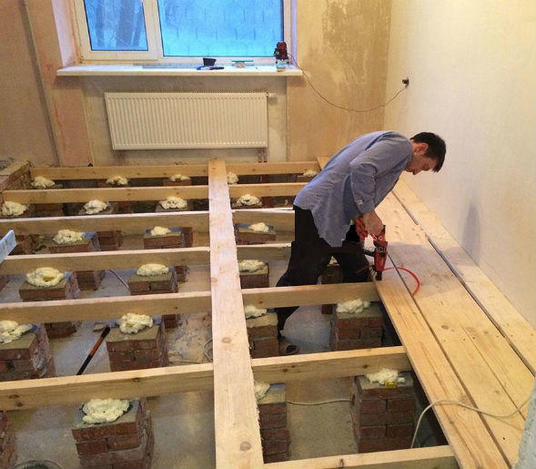 Les planchers en bois sont fixés sur des rondins, qui sont fabriqués à partir de poutres posées sur une base en béton, des piliers de soutien ou encastrés dans les murs de la maison