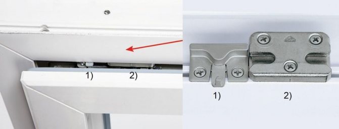 Foto: rechts - ein Mikrolüftungs-Schließblech (1) neben der einbruchhemmenden Standardleiste (2); links - die Position der Lamellen am Fensterrahmen, Fenster mit Fenster