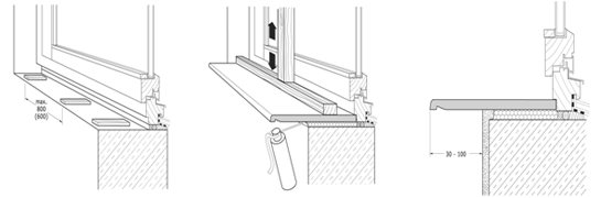 Les phases d'installation d'un appui de fenêtre en plastique sur mousse sont illustrées