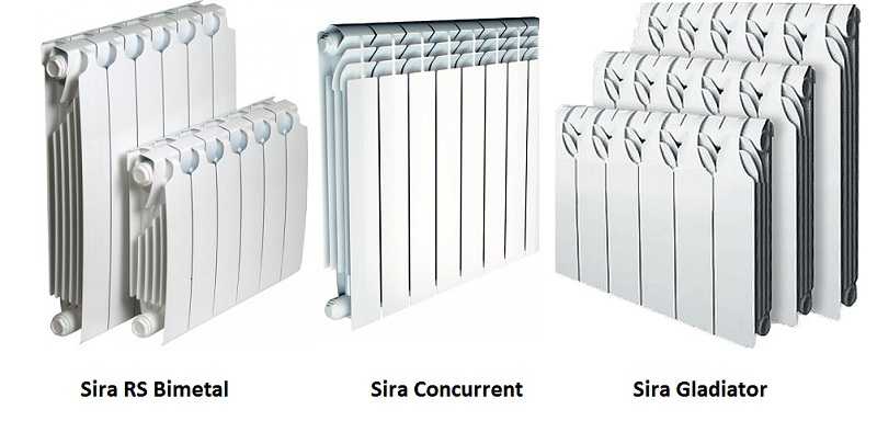 Modèles de radiateur bimétallique Syrah. Ils ont des collecteurs horizontaux en aluminium : Sira RS Bimetal, Concurrent, Gladiator largeur = 800