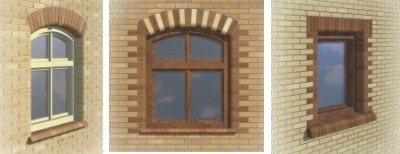 Rahmenfenster an der Fassade des Hauses mit Ziegeln, Foto