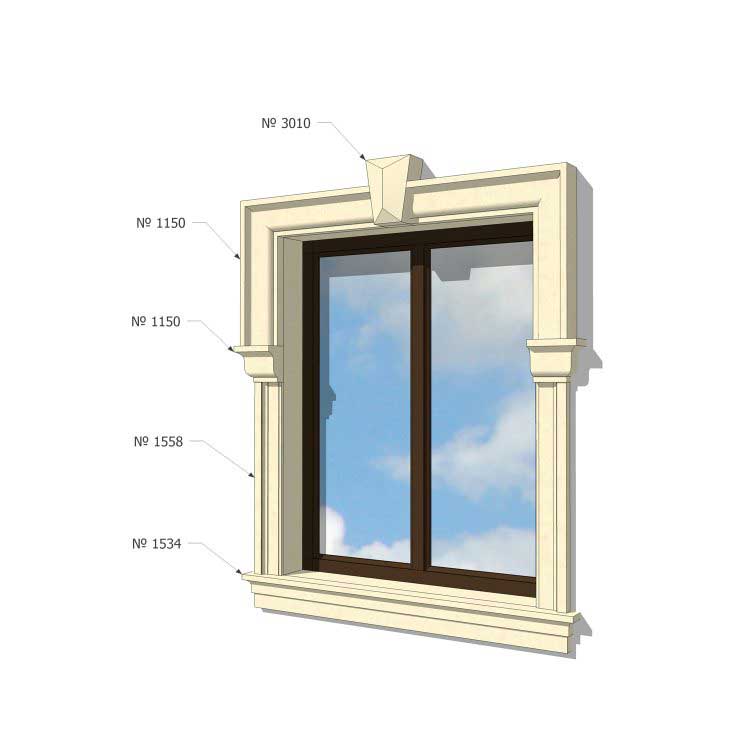 Encadrement des fenêtres sur la façade de la maison avec le haut de la fenêtre, serrure, moulure et rebord de fenêtre