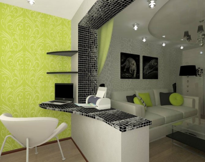 Il y a une excellente opportunité d'obtenir une pièce supplémentaire avec un lieu de travail: le mur se transforme en table.