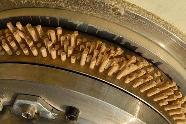 Geformte Pellets am Ausgang der zylindrischen Matrix