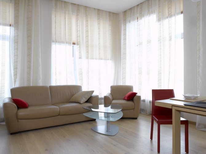 Die Kombination aus transparentem Tüll mit Rollos im minimalistischen Stil